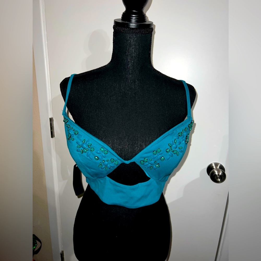bebe guzel‎ floral solid embellished bralette top teal color NWT